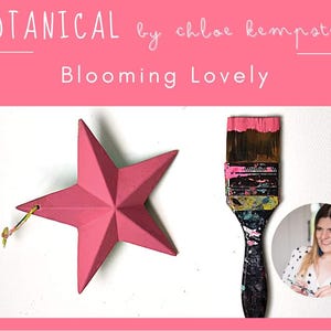 May include: A pink five-pointed star with a gold string attached. A paintbrush with pink paint on the bristles is next to the star. The text "BOTANICAL by chloe kempster" and "Blooming Lovely" is at the top of the image.