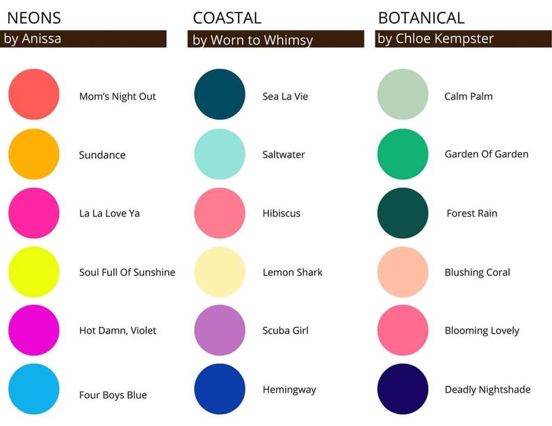 May include: A color palette chart with three columns labeled "Neons", "Coastal", and "Botanical". Each column has six color swatches with names below each swatch. The "Neons" column includes the colors: Mom's Night Out, Sundance, La La Love Ya, Soul Full Of Sunshine, Hot Damn, Violet, and Four Boys Blue. The "Coastal" column includes the colors: Sea La Vie, Saltwater, Hibiscus, Lemon Shark, Scuba Girl, and Hemingway. The "Botanical" column includes the colors: Calm Palm, Garden Of Garden, Forest Rain, Blushing Coral, Blooming Lovely, and Deadly Nightshade.