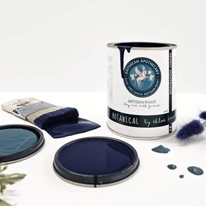 May include: A can of "Daydream Apothecary" "Botanical" artisan paint in "Deadly Nightshade" with a paintbrush and paint can lid. The paint is a deep navy blue. The can has a label with a winged horse illustration.