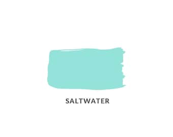May include: A light blue paint swatch with the word "SALTWATER" written below it.