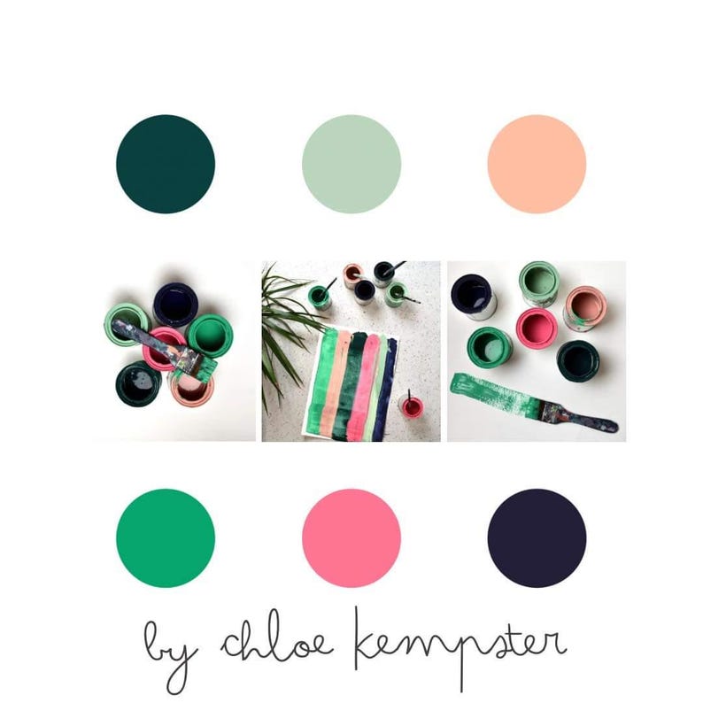 May include: An artistic composition featuring a palette of colors and paint supplies. The image includes paint cans in various colors, a paintbrush, and a watercolor painting with vertical stripes. The text "by chloe kempster" is at the bottom.