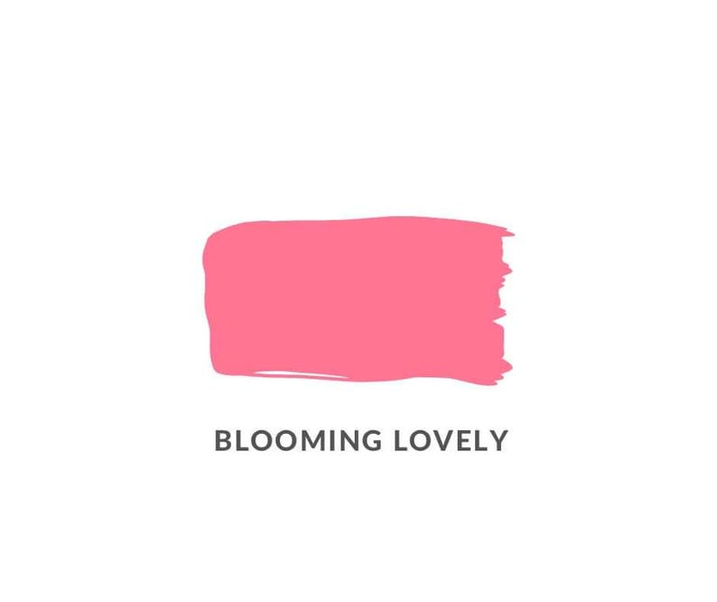May include: A bright pink paint swatch with the text "BLOOMING LOVELY" below it.