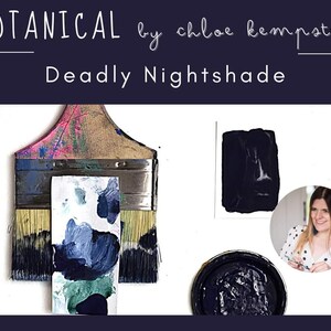 May include: An artistic composition featuring a paintbrush with colorful paint splatters, a palette with blue and green paint, and samples of dark blue paint. The text reads "BOTANICAL by chloe kempster" and "Deadly Nightshade".
