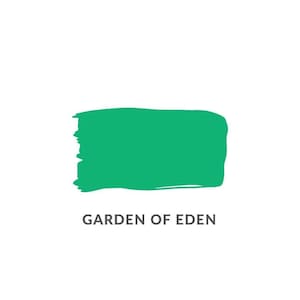 May include: A rectangular brushstroke of bright green paint against a white background. Below the brushstroke, the words "GARDEN OF EDEN" are printed in a simple, sans-serif font.