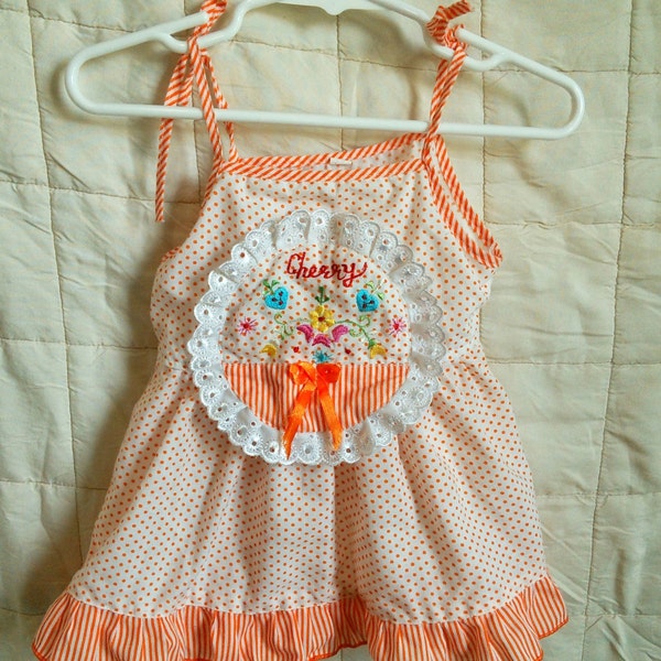 Vintage baby dress, White and orange polka dot