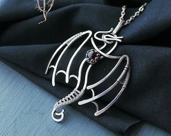 Silver pendant dragon Totem necklace Wire wrapped jewelry