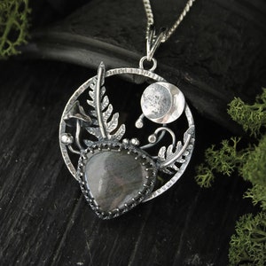 Moon and fern necklace Woodland nature pendant Labradorite Botanical jewelry