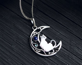 Silver pendant Cat and Moon totem charm Cat lovers gift