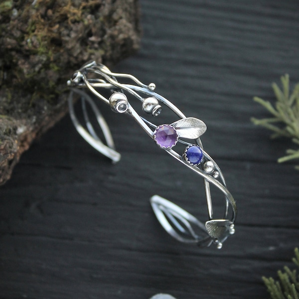 Pulsera de plata de ley con forma de arándano: Brazalete botánico, joyería nupcial élfica