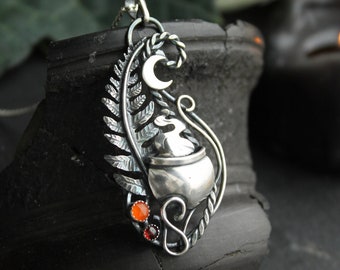 Fern Potion pendant Halloween cauldron silver jewelry Witch necklace