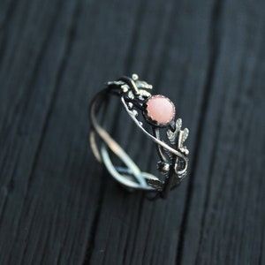 Pink opal engagement ring Fern leaf ring Elven engagement ring Botanical ring Proposal ring plant Bohemian wedding Woodland ring