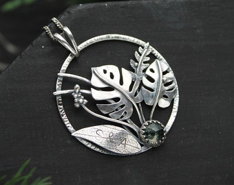 Monstera with initials Silver plant pendant Botanical jewelry