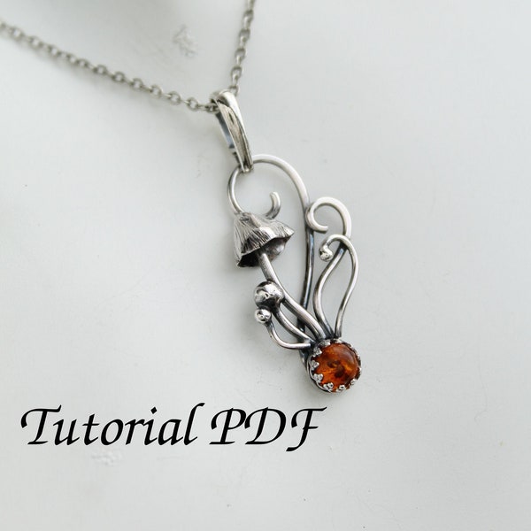 Tutorial silversmith Mushrooms necklace tutorial Copplex silver soldering PDF file cabochon setting Diy project Jewelry tutorial