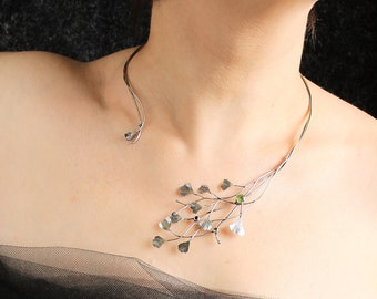 Farn Halskette Offene Halskette Sterling Silber Botanische Statement Manschette Choker Pflanze Halskette Wire Wrapped Anhänger Maidenhair Farn