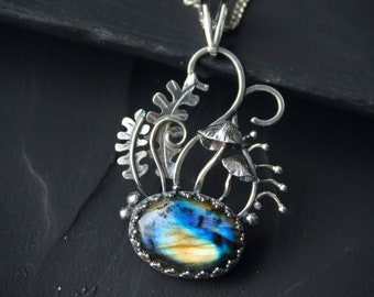Silver pendant Mushrooms with labradorite Botanical necklace Plant jewelry Elven pendant