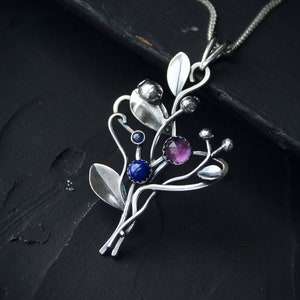 Blueberries pendant silver Plant necklace Berries jewelry Sapphire amethyst pendant Forest elven necklace Woodland jewelry Nature pendant