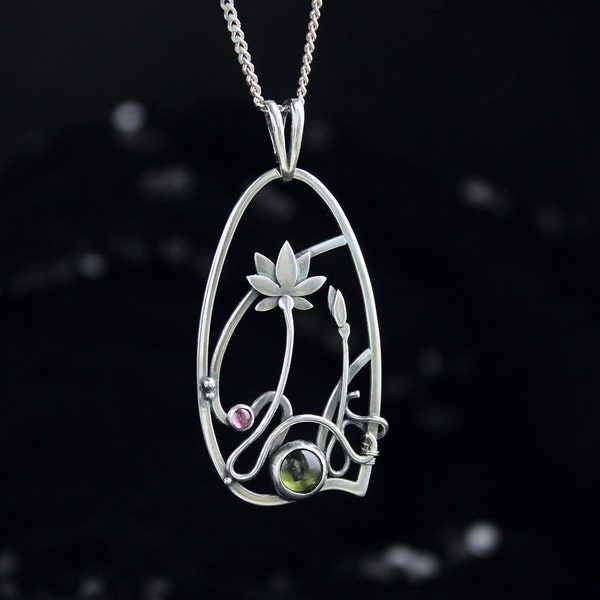 Lotus flower necklace Botanical jewelry Wire wrapped pendant Floral nature jewelry Flower pendan Plant summer charm