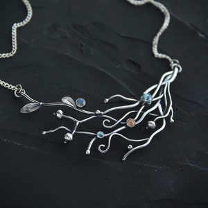 Winter berries necklace Twig pendant Nature necklace Woodland jewelry Botanical statement necklace Silver topaz pendant
