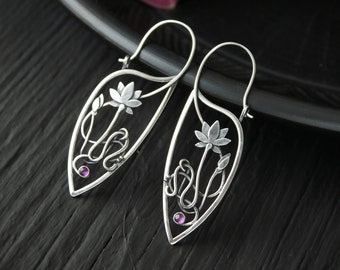 Silver earrings Lotus flower Elven jewelry Floral style