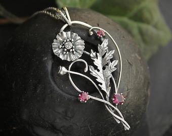 Poppy necklace Sterling silver botanical jewelry Plant necklace