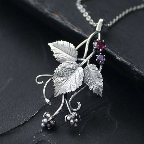 Raspberry Necklace Silver Plant Necklace Berries Jewelry Etsy