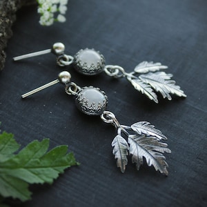 Leaf earrings Cow parsley Silver botanical jewelry Agate moss