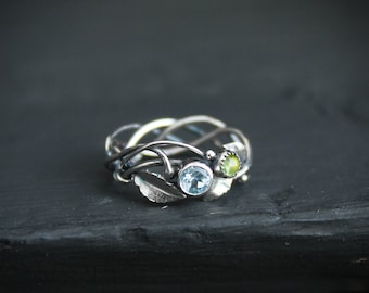 Elven engagement ring Twig ring Sterling silver leaves ring Proposal ring plant Bohemian wedding Woodland ring