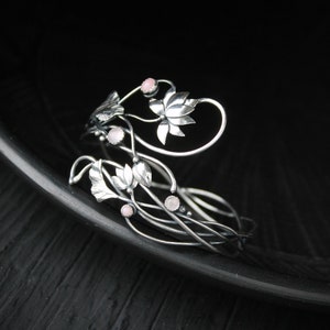 Silver bracelet Lotus flower Botanical cuff Adjustable plant bangle Elven jewelry