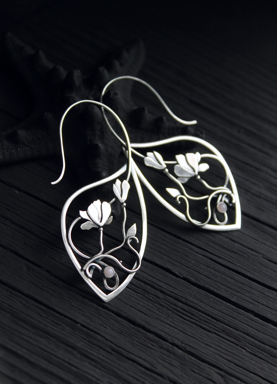 Silver Earrings Magnolia Flower Blossom Jewelry Botanical Earrings ...
