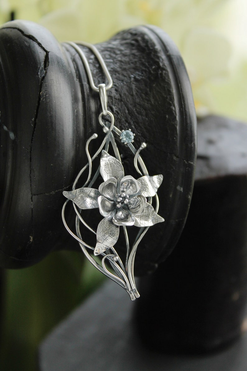Columbina necklace Sterling silver botanical jewelry Floral pendant Aquamarine