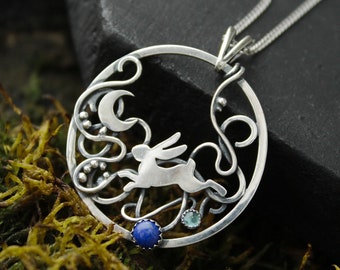 Silver pendant Moon rabbit necklace Moon hare Totem charm