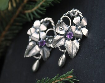 Viola flower earrings, Silver botanical jewelry, Floral bridal earrings