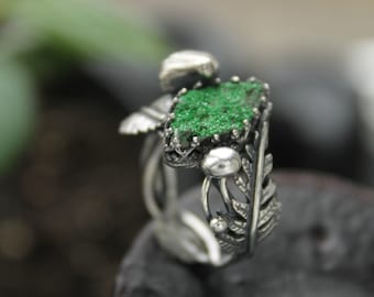 Fern and mushrooms ring Sterling silver botanical jewelry Elven ring