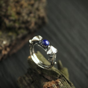 Amber ring Sterling silver Mushroom ring Woodland elven ring Botanical Nature lover ring Witch ring Elven jewelry Forest ring Statement Lapis Lazuli