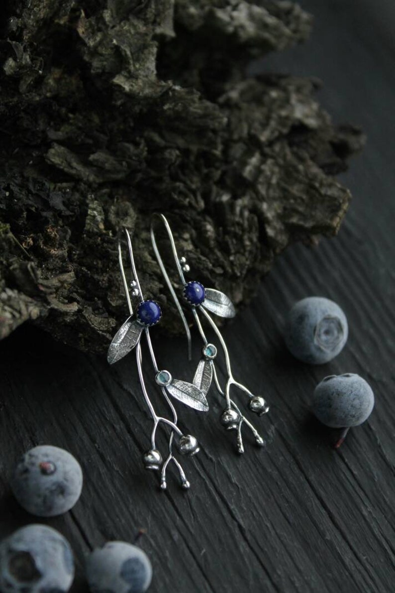 Silver earrings Blueberry plant jewelry Elven style botanical earrings image 10