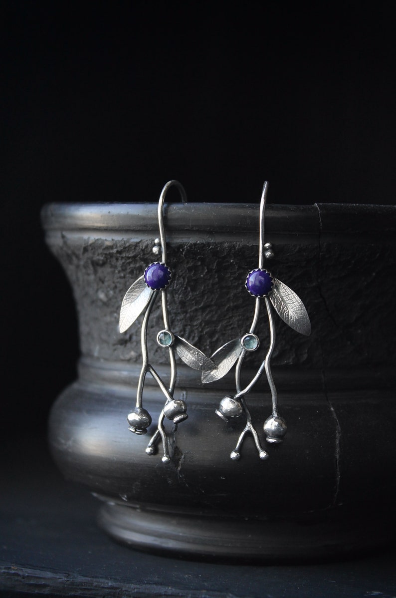 Silver earrings Blueberry plant jewelry Elven style botanical earrings image 9