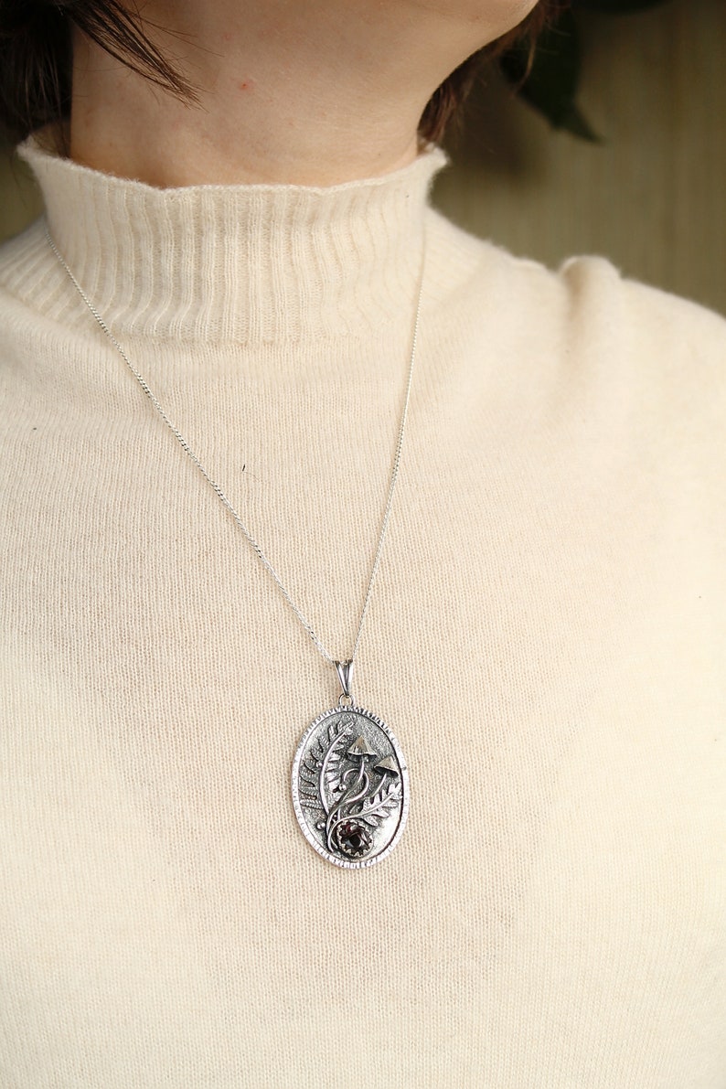 Mushroom necklace silver botanical jewelry Fern leaf charm image 2