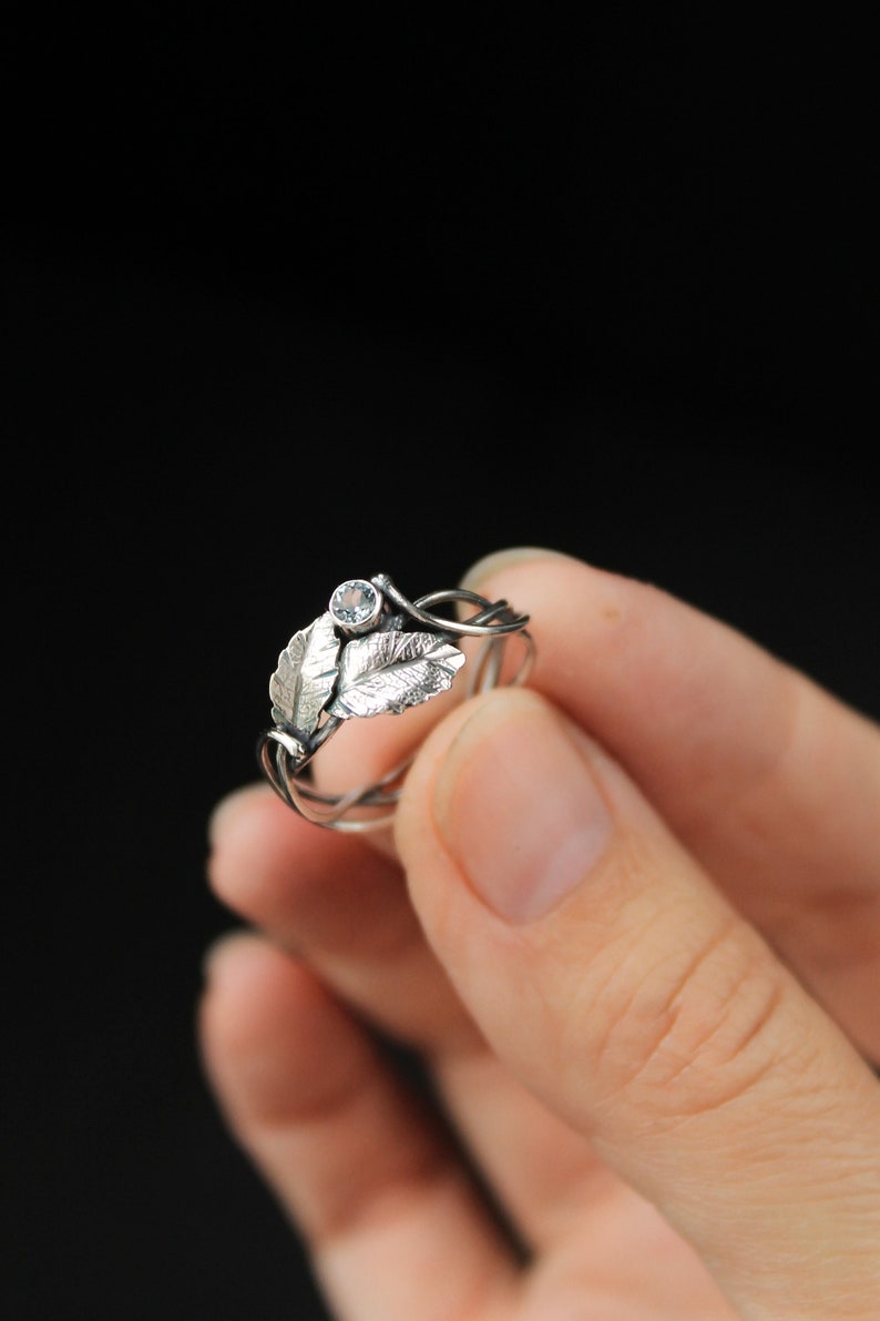 Leaf ring Elven engagement ring Botanical floral ring Silver wire wrapped jewelry Proposal ring plant Bohemian wedding Woodland ring image 9
