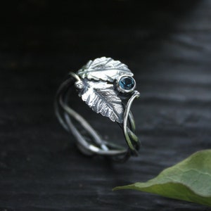 Leaf ring Elven engagement ring Botanical floral ring Silver wire wrapped jewelry Proposal ring plant Bohemian wedding Woodland ring Topaz london