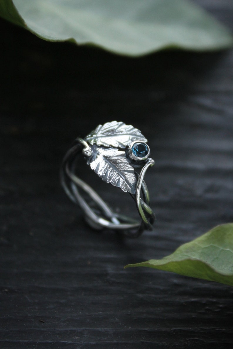 Leaf ring Elven engagement ring Botanical floral ring Silver wire wrapped jewelry Proposal ring plant Bohemian wedding Woodland ring Topaz london