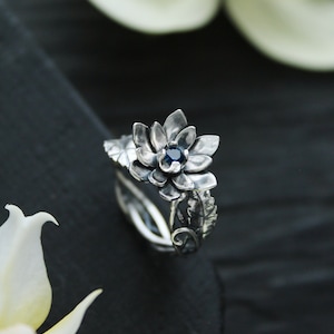Proposal ring with silver Lotus flower Bohemian wedding Botanical jewelry
