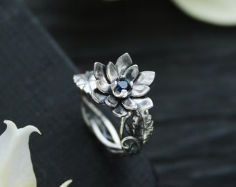 Proposal ring with silver Lotus flower Bohemian wedding Botanical jewelry