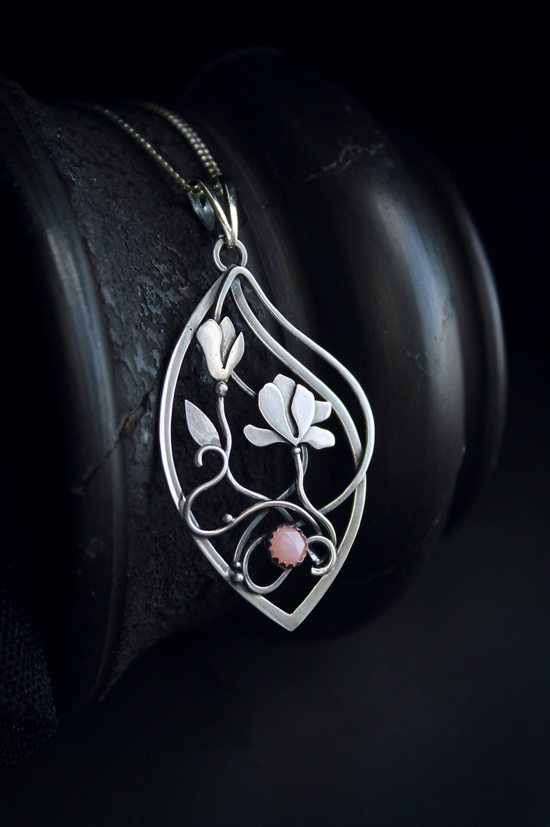 Magnolia blossom necklace Silver Flower pendant Botanical | Etsy