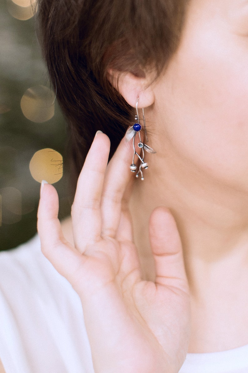 Silver earrings Blueberry plant jewelry Elven style botanical earrings image 3