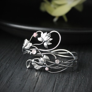 Silver bracelet Lotus flower Botanical cuff Adjustable plant bangle Elven jewelry