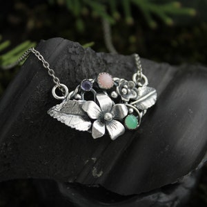 Viola necklace Silver flower pendant Bridal Jewelry Wedding Opal+Chrysoprase