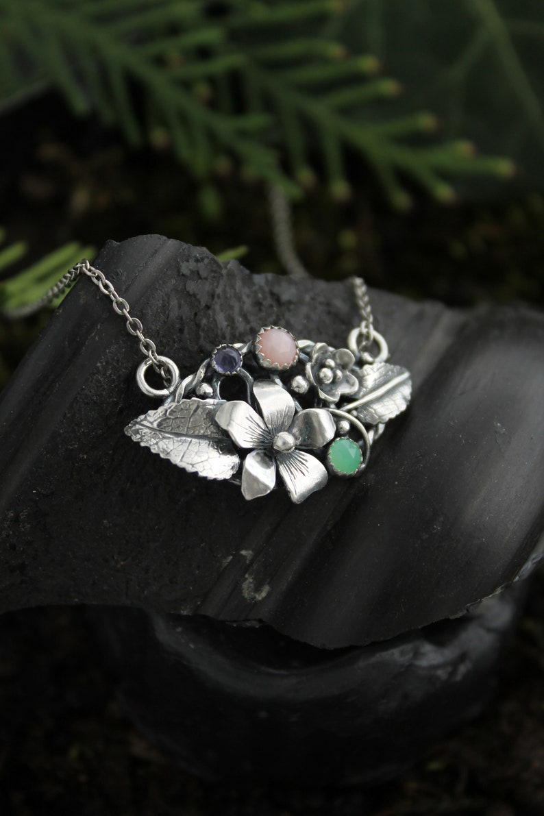 Viola necklace Silver flower pendant Bridal Jewelry Wedding Opal+Chrysoprase