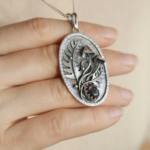 Mushroom necklace silver botanical jewelry Fern leaf charm image 3