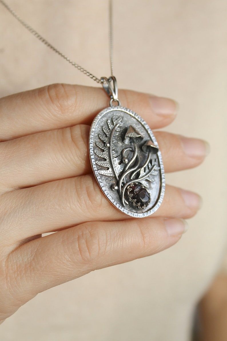 Mushroom necklace silver botanical jewelry Fern leaf charm image 3