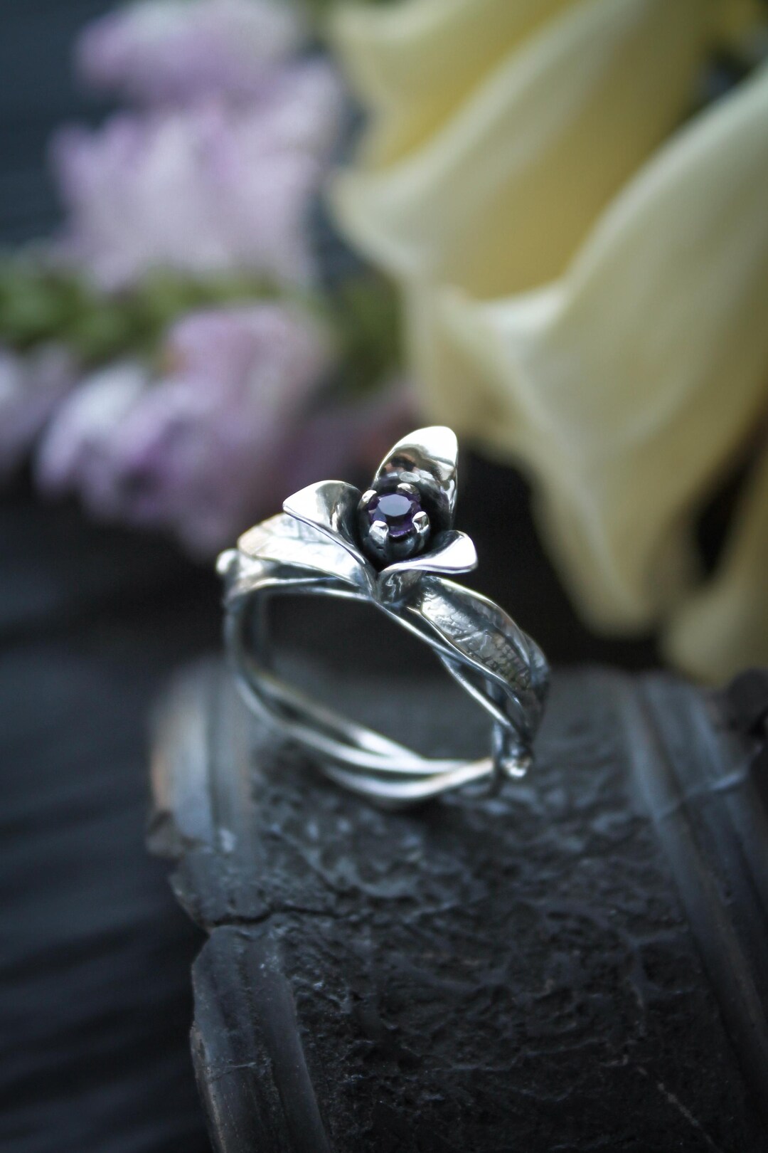 Trillium Silver Ring Proposal Ring With Flower Bohemian Wedding ...